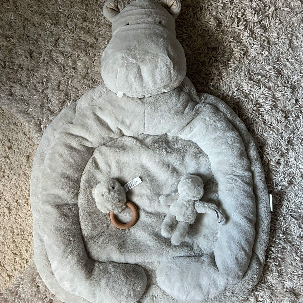 Pottery Barn Kids - Hippo playmate, Paci clip, and rattle